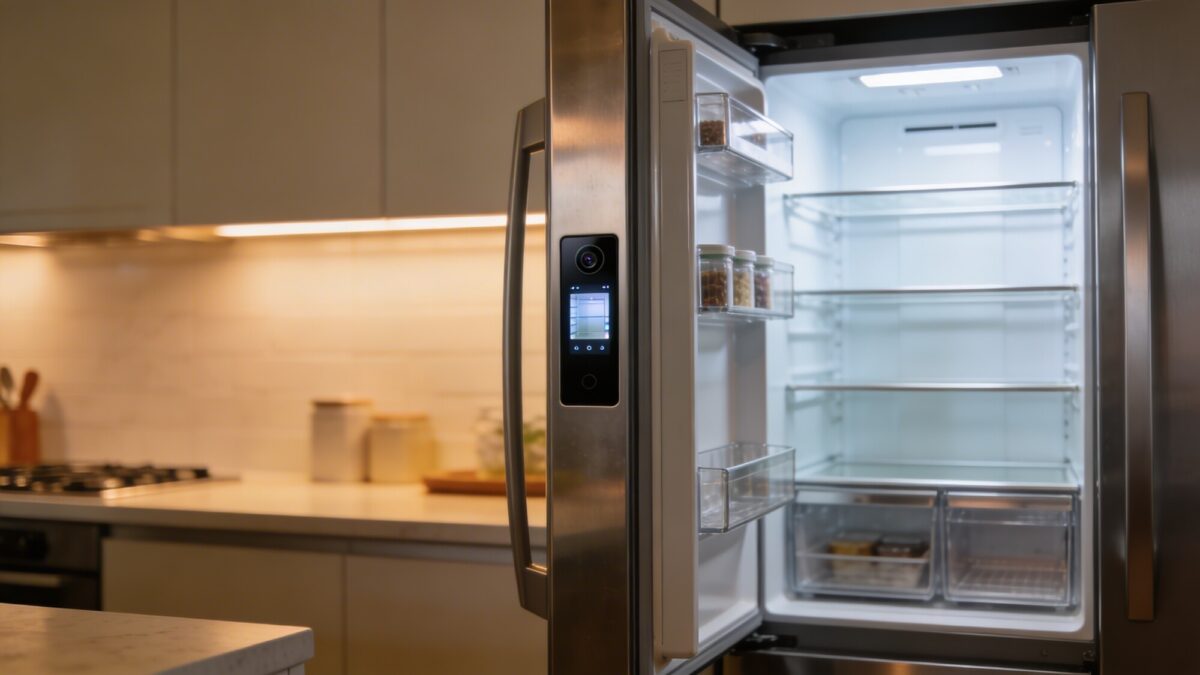 A refrigerator with built-in camera interface visible through the door slightly ajar, showing a well-organized interior with labeled shelves, soft ambient lighting, contemporary kitchen setting.