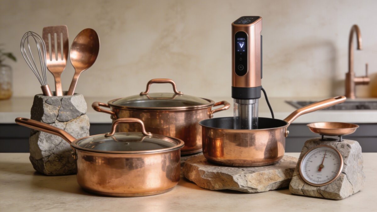A modular kitchen hub setup on a countertop featuring interconnected cookware, a precision scale, and a compact sous vide device, all arranged cohesively with copper and stone textures.