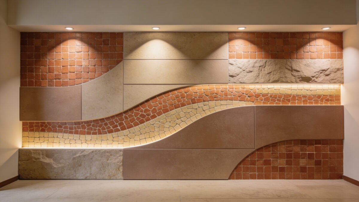 Micro-backspotch feature wall combining two materials (ceramic tile mosaic and matte stone) with integrated accent lighting, telling a story through color and texture, no clutter, clean lines.