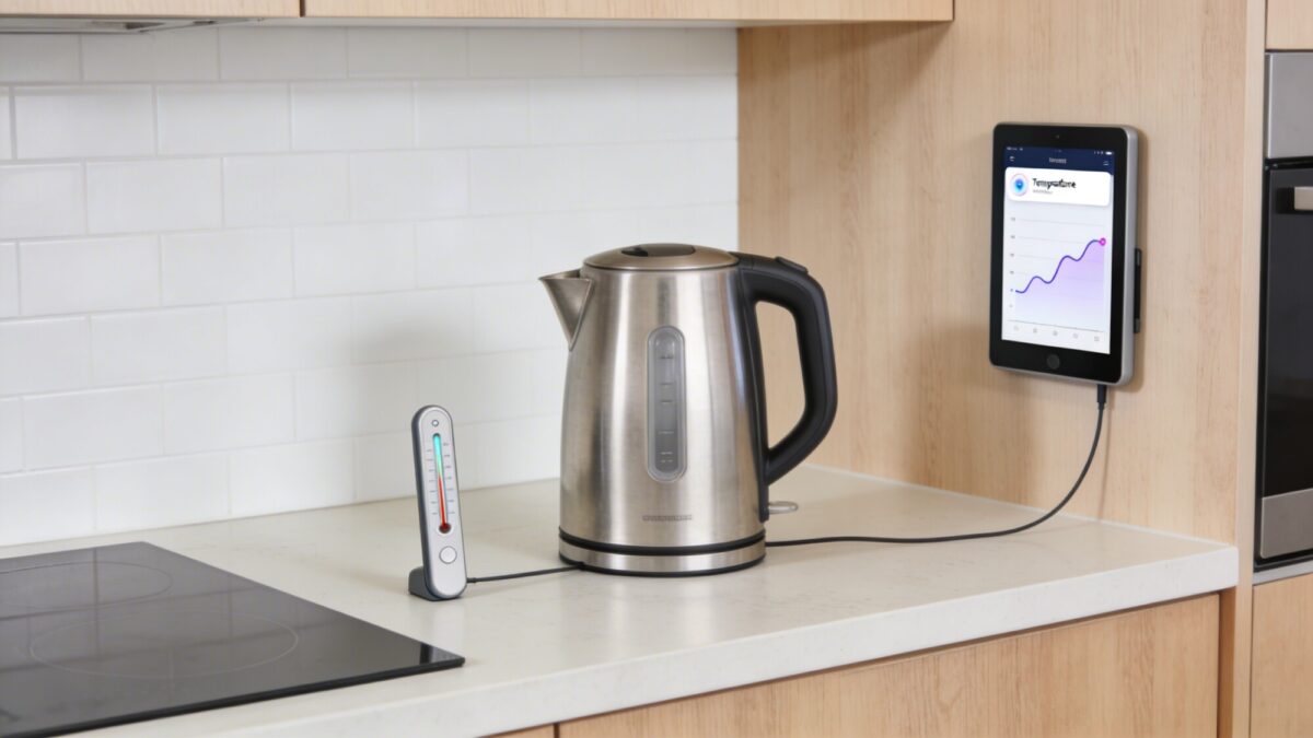 A real-world kitchen scene with a connected kettle and smart thermometer on the counter, a minimal app notification on a wall tablet, and a simple, practical layout.