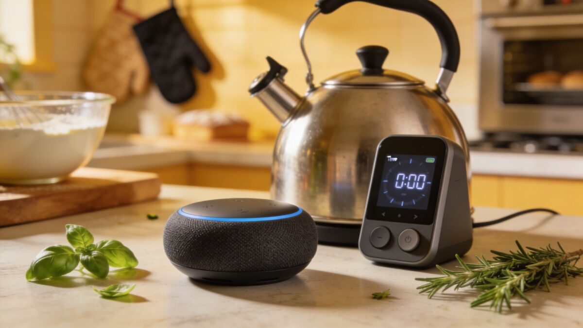 A cozy kitchen corner showing a voice-controlled appliance (smart speaker) near a kettle and timer-ready devices, with a soft-focus background of a baking setup and fresh herbs.