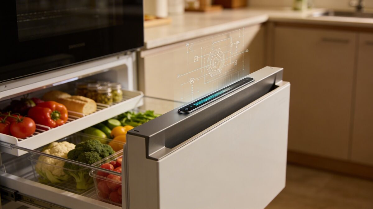 A practical kitchen upgrade shot: a sensor-equipped fridge drawer and a temperature/ freshness sensor strip visually integrated into shelving, with a subtle blueprint-inspired overlay of data hints, in a warm, inviting kitchen.