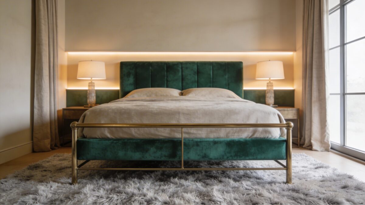 A serene luxury bedroom with warm neutral walls, a velvet emerald-green upholstered headboard, and a brushed brass bed frame; soft, layered lighting from a pair of table lamps and hidden LED strips, a shaggy light-gray rug, and linen curtains framing a large window, no text.