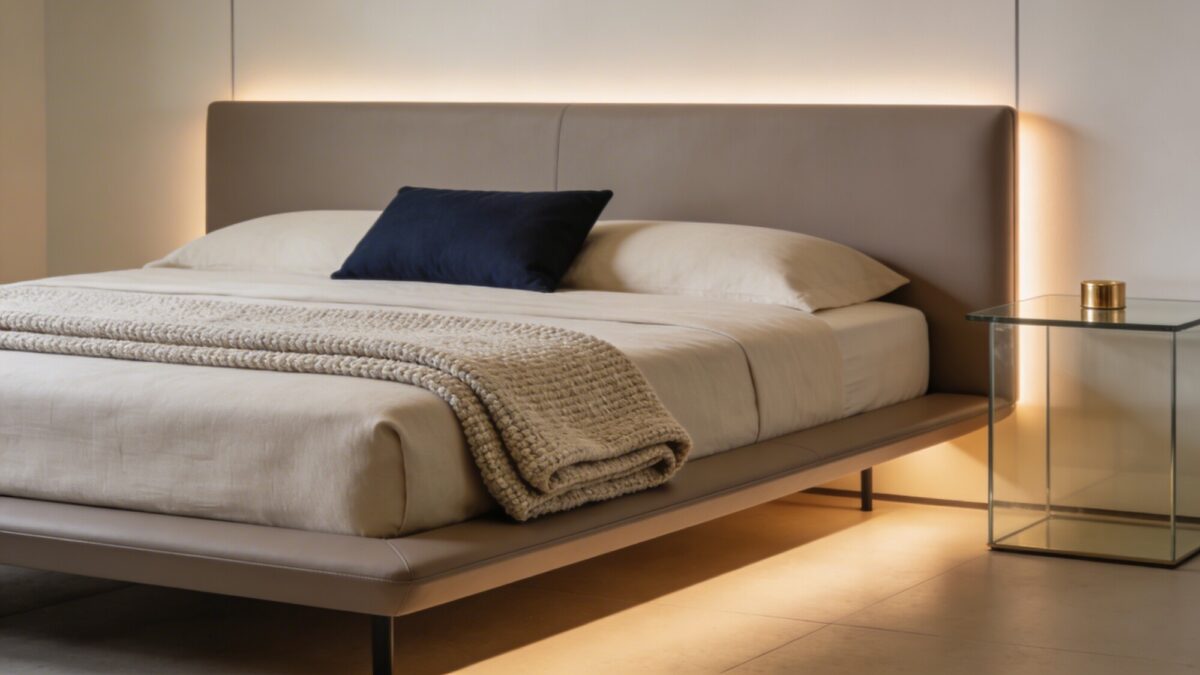 Minimalist high-end space showing a taupe and cream color palette, a low-profile platform bed, a boucle throw folded at the foot, a single navy accent pillow, and a glass-top nightstand with a discreet brass accent, warm ambient lighting, no text.