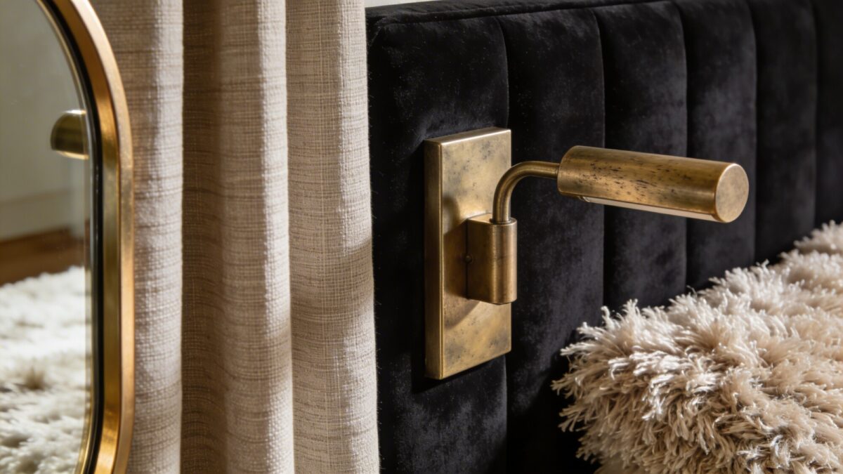 Close-up of textures in a luxury bedroom: velvet headboard in deep charcoal, brushed brass wall sconce, linen drapes, a plush shag rug, and a hint of reflective, subtle shine from a brass-trimmed mirror, no text.