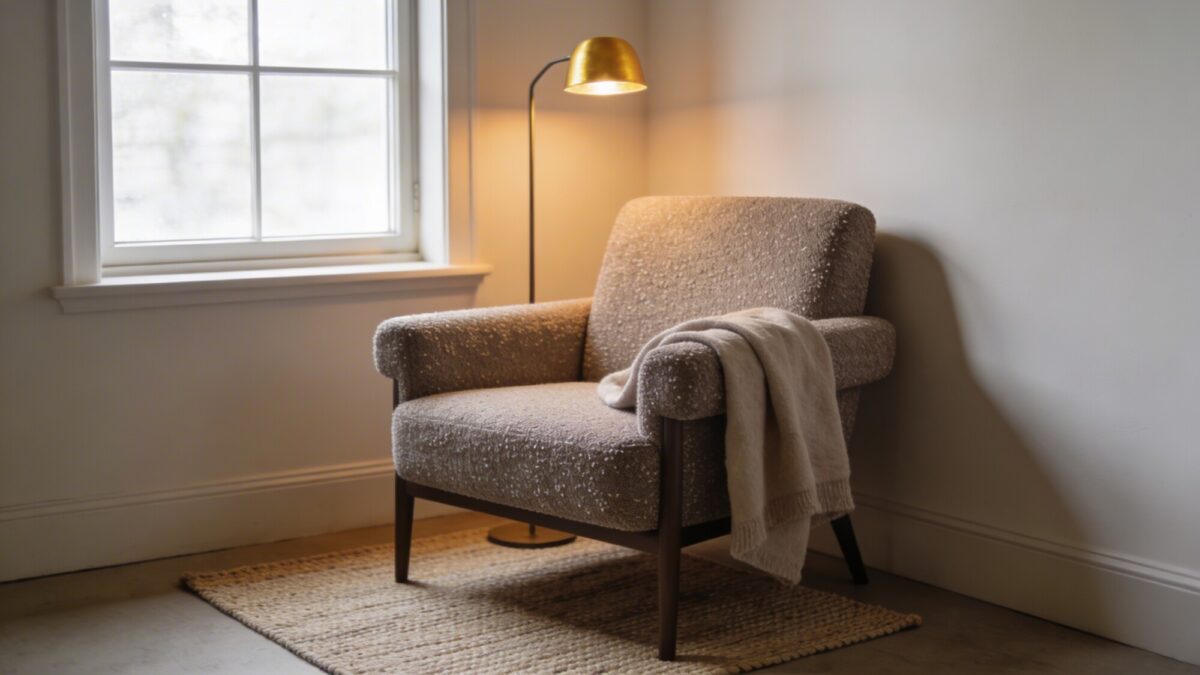 A calm corner retreat: a small seating nook by a window with a taupe boucle armchair, a soft throw, a minimalist woven rug, and a discreet floor lamp casting a warm glow, no text.