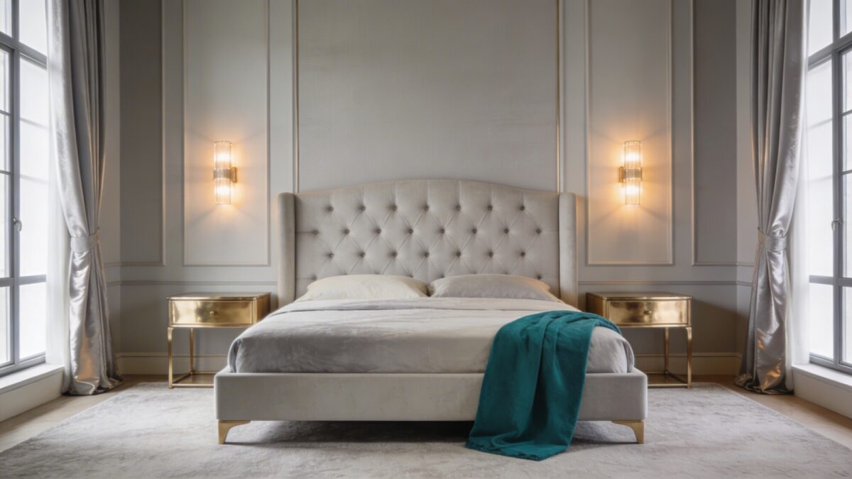 A luxurious master bedroom with a monochrome palette (soft grays and creams), a high-end upholstered bed, gold-brass nightstands, soft ambient lighting, and a single emerald textile accent on a throw blanket, no text.