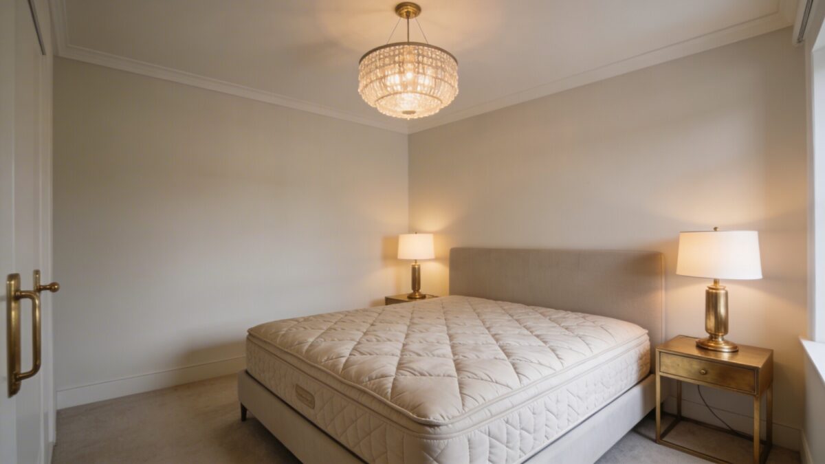 Wide-angle shot of a peaceful sleeping sanctuary: quiet, clutter-free space, a premium mattress visible under a tailored quilt, layered lighting from ceiling fixture and bedside lamps, a subtle sheen from brushed brass details, no text.