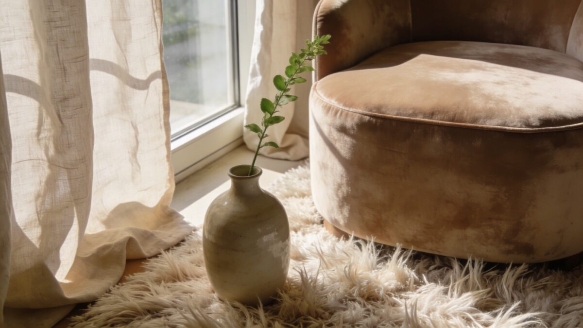 Textural detail scene: linen curtains draped beside a large window, a velvet accent chair, a shaggy rug underfoot, and a ceramic vase with a single greenery stem, all in warm neutrals, no text.