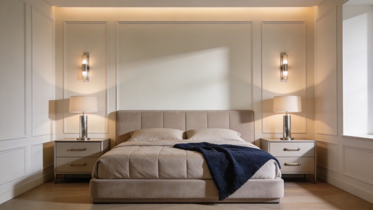 Elegant, real-life luxury bedroom layout: cohesive color palette of creams and taupes with a navy accent in a textile throw, a plush mattress with a tailored duvet, subtle metallic accents, and soft, indirect lighting creating depth, no text.