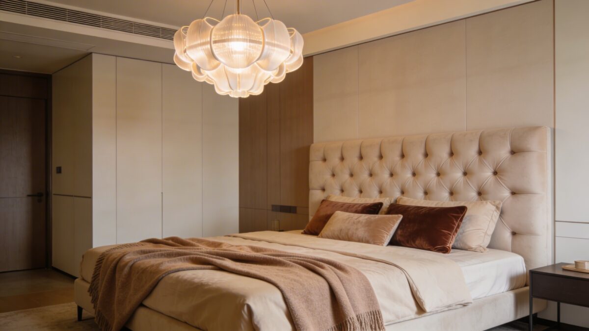 A luxurious bedroom interior featuring warm neutral tones, a plush king-size bed with a statement upholstered headboard, layered textures including cashmere throws and velvet pillows, and a sculptural chandelier casting soft ambient light across a serene, clutter-free space.