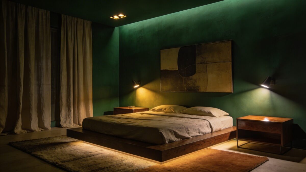 A moody luxury bedroom with a deep emerald green accent wall, a low-profile platform bed, quiet textiles like breathable linen sheets, and a dramatic lighting setup highlighting rich wood nightstands and a minimalist art piece.