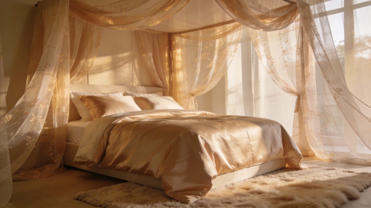 An elegant sanctuary emphasizing comfort: a dreamy mattress with high-thread-count linens, a canopy of sheer curtains, a soft rug underfoot, and subtle, warm lighting creating a tranquil retreat.
