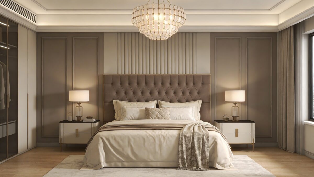A focal point-centric bedroom: a bold headboard design as the centerpiece, paired with a statement ceiling light, balanced symmetry in nightstands, and luxurious textures in taupe and cream tones.