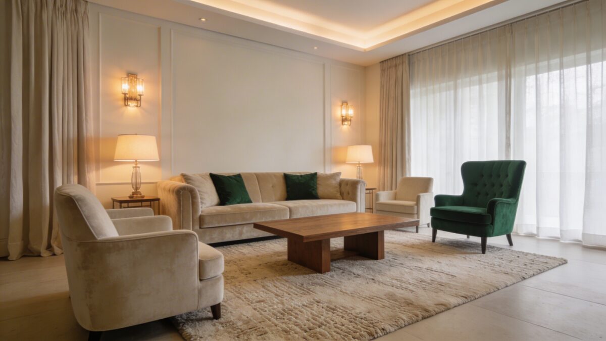 A luxury color-palette-inspired room: three core colors (warm neutrals, an accent deep green, and ivory), cohesive textiles, and controlled lighting that enhances depth and softness across the space.