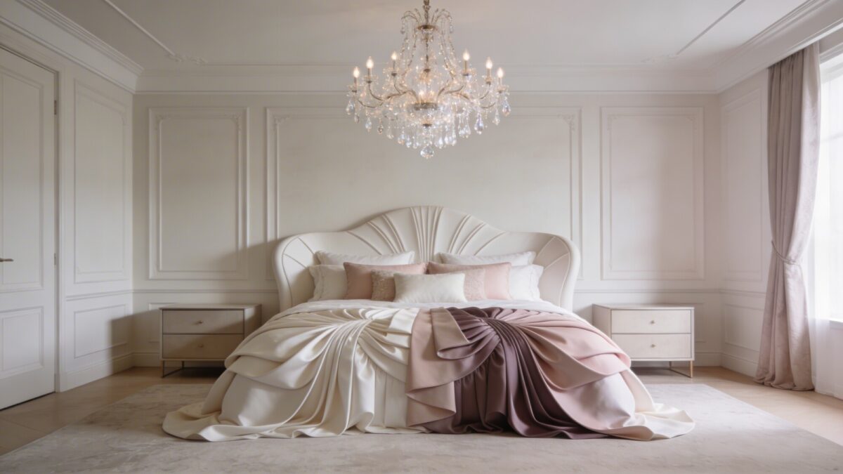 A serene couture-inspired bedroom: a large bed with elegant, sculptural bedding, a quiet textile palette, and a luxurious chandelier that serves as the room’s artful focal point without overpowering the space.