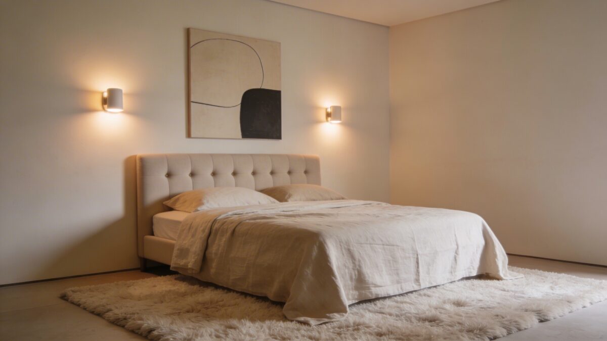 A refined retreat featuring breathable linens, a lightly tufted bed, a plush rug, and a minimalist art piece, with soft wall lighting and a warm, inviting ambience.