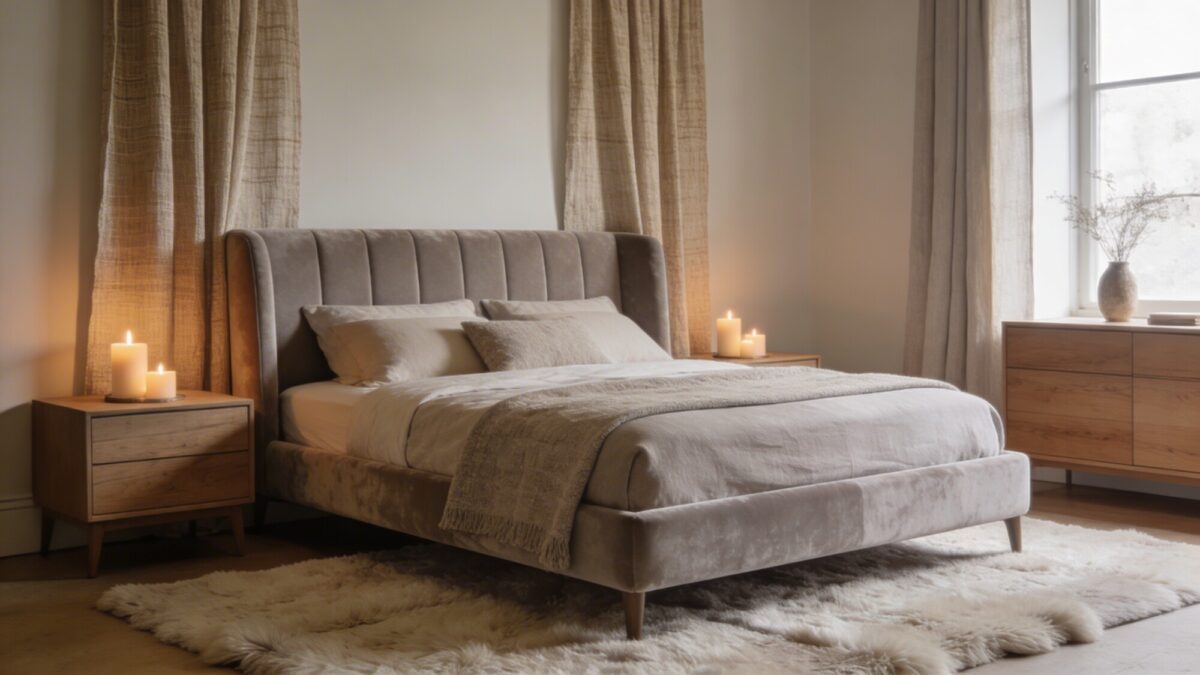 A balanced luxury bedroom showing a mix of textures: velvet upholstery, linen drapes, wool rug, and wood-tone furniture, with a calm color scheme and candle-like lighting to heighten serenity.