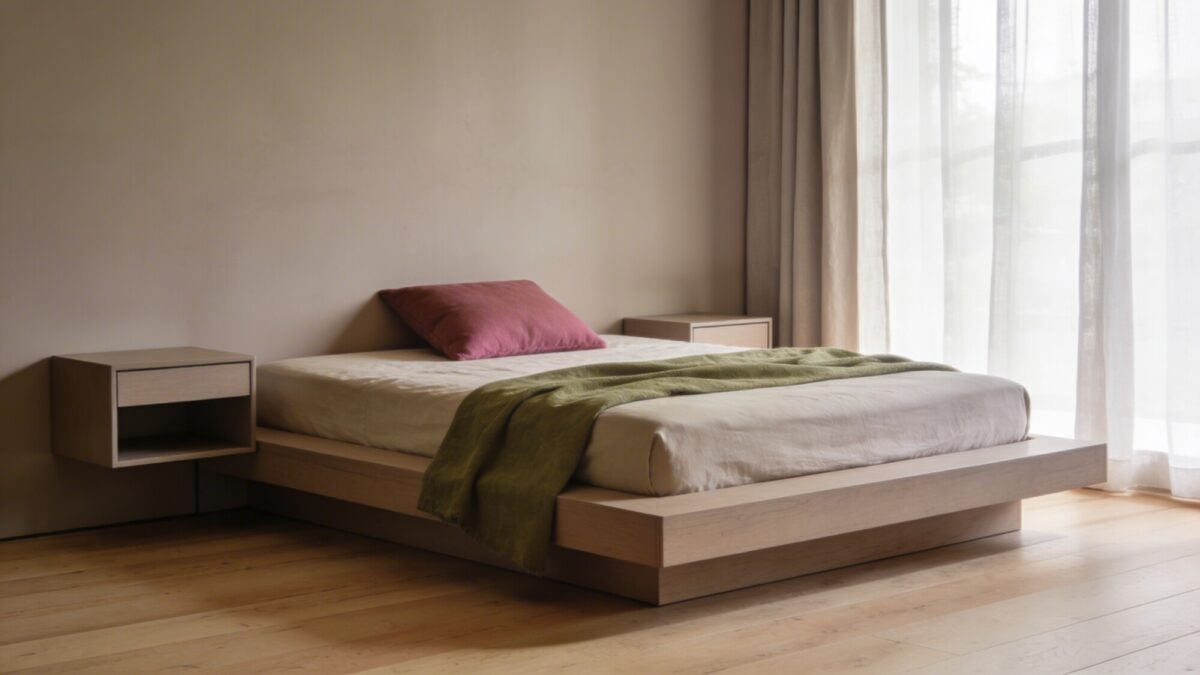 A modern-bedroom scene with a neutral base color palette (soft taupe walls, light wood flooring) accented by a single saturated blush-pink throw pillow and a sage green throw blanket, with a low-profile platform bed and minimalist nightstands, natural daylight streaming through sheer curtains.