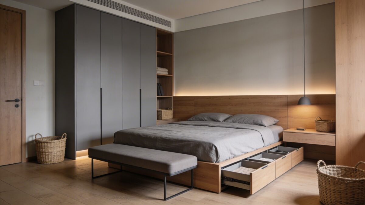 A stylish storage-forward bedroom layout: under-bed drawers neatly pulled out a bit, a slim ottoman at the foot of the bed, and a compact wardrobe with clean lines, a few woven baskets for organization, all in warm wood tones and cool gray surroundings.
