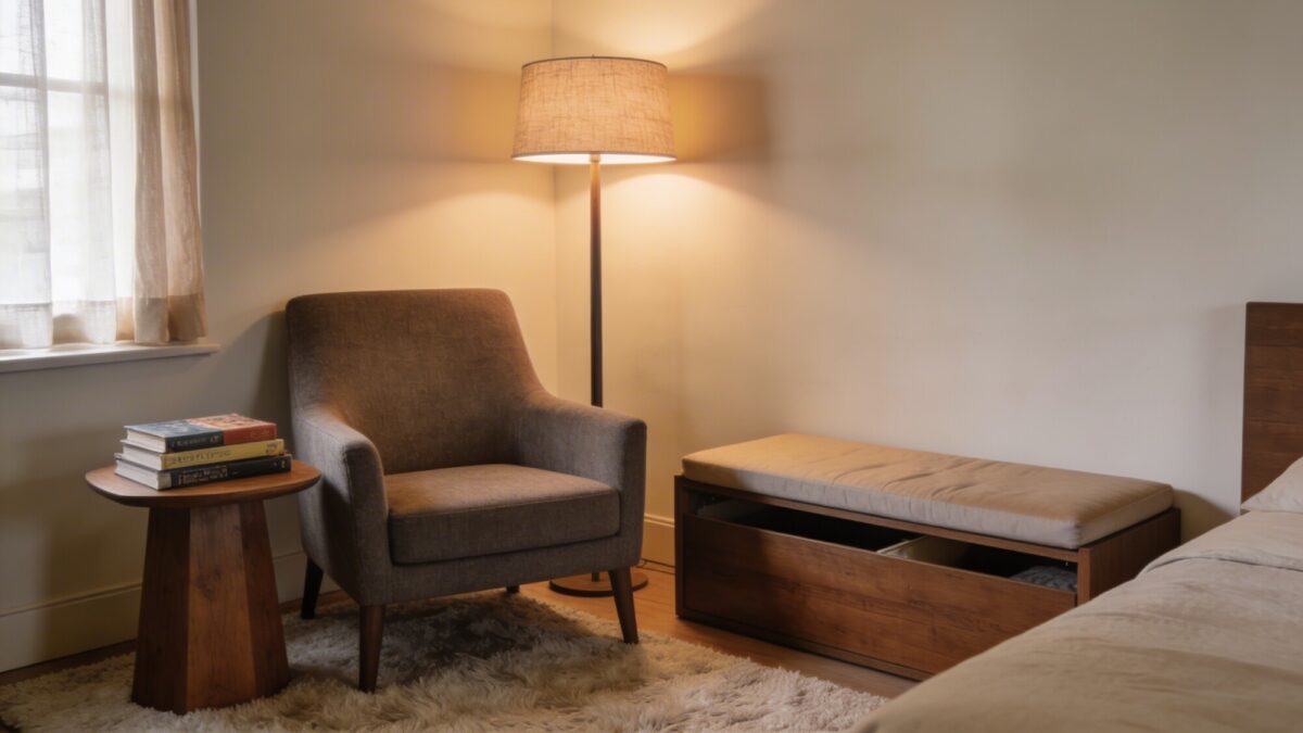 A cozy reading nook within a bedroom: a comfortable upholstered chair in warm gray next to a small side table, a stack of books, a floor lamp, and a hidden storage bench that doubles as seating, in a space that feels calm and livable.