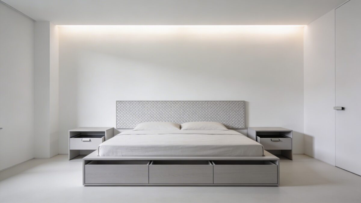 A minimalist modern bed with practical flair: a sleek platform bed with integrated storage drawers, a single textured headboard panel, matching nightstands with hidden compartments, and a soft, diffuse ceiling light creating a serene ambiance.