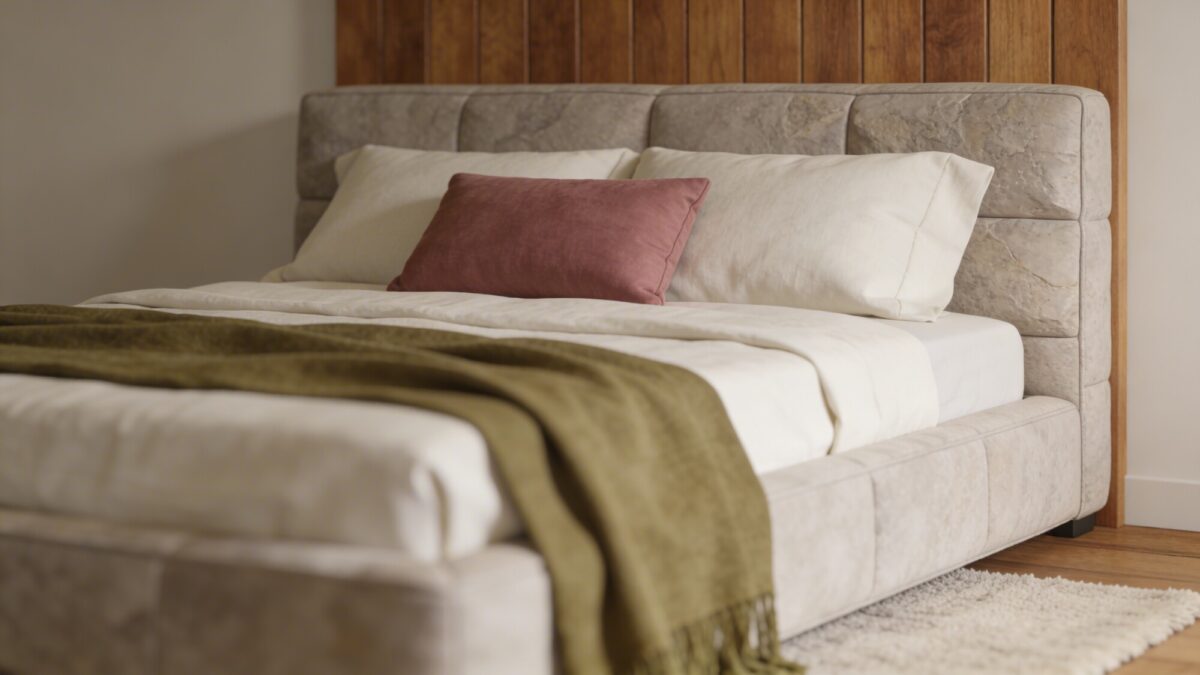 A layered textures shot: bed dressed in neutral linens (stone, ivory) with a single saturated accent in blush and a sage throw, plus a warm wood accent wall and a soft rug to ground the room.