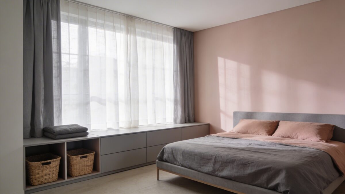 An airy, modern bedroom corner showing color balance: a low-profile bed with a warm gray duvet, a slate and blush color pairing in decor accents, a slim dresser with open storage showing baskets, and a window with sheer panels casting soft light.