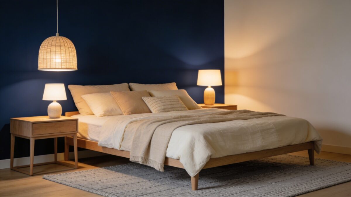 A cozy bedroom with one bold accent wall in deep navy, soft neutral bedding, and warm ambient lighting, showcasing a minimal, luxe vibe on a budget.