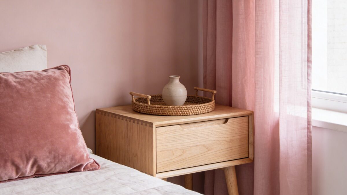 An airy bedroom corner featuring blush-toned textiles, including a velvet throw pillow and lightweight curtains, with natural wood furniture and subtle decorative accents.