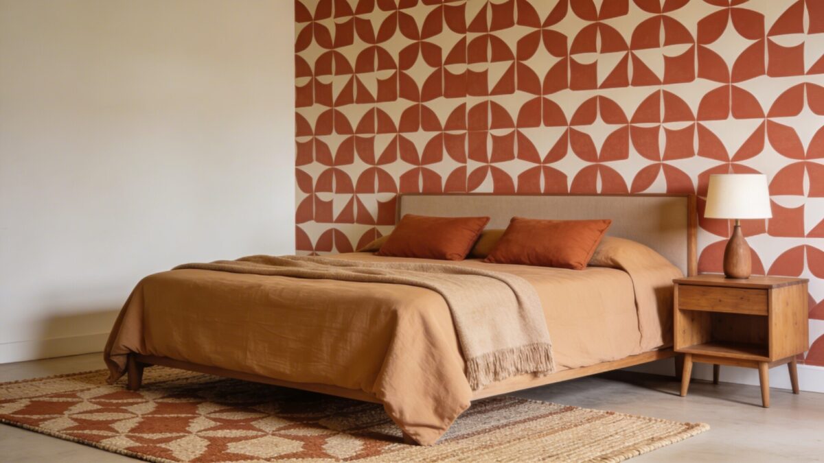 A bedroom with patterned wallpaper on a single wall, balanced by solid-colored bedding and coordinating textiles, capturing the “accent wall” concept without clutter.