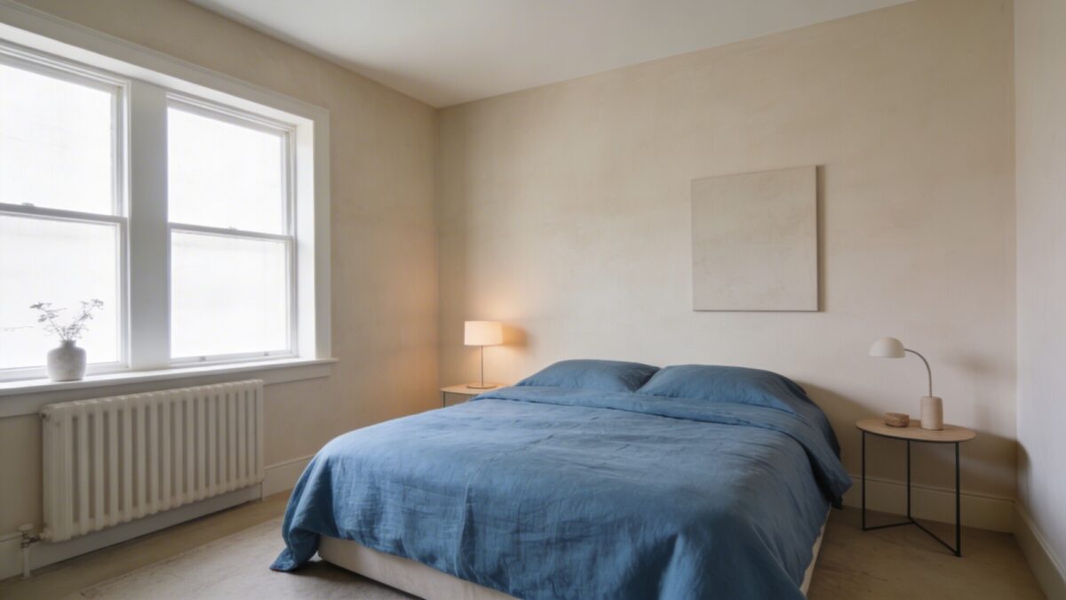 A calming neutral palette room: soft beige walls, a calm blue duvet, and matte paint finish, demonstrating color psychology for a serene sleep space.