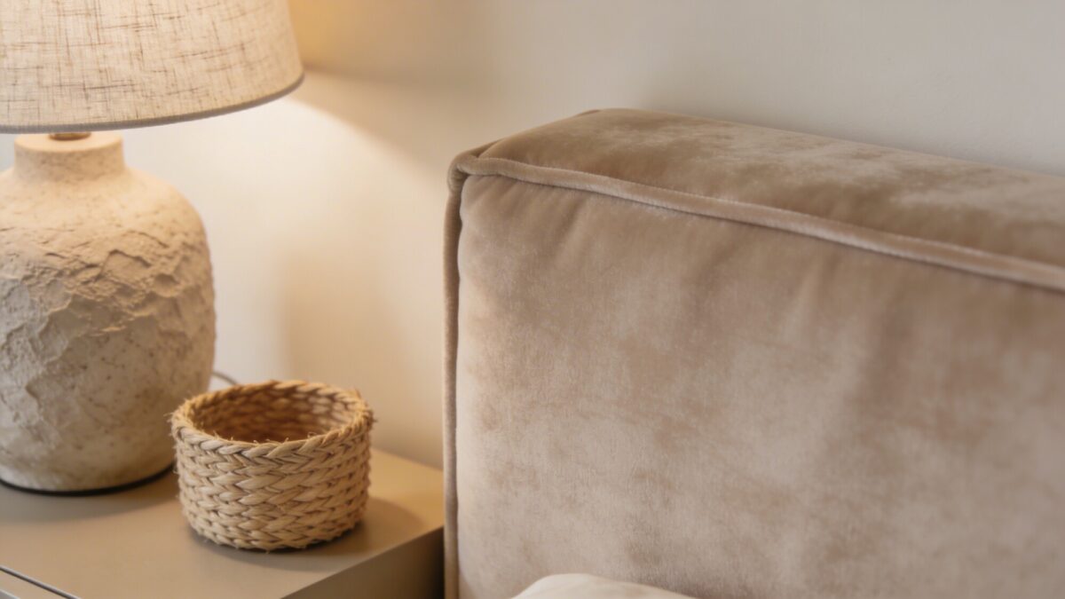 A minimalist nightstand setup: a textured lamp, a small woven basket, and a suede headboard edge, highlighting texture layering in a compact space.