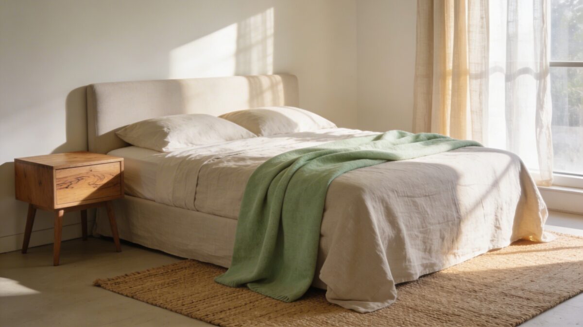 A daylight-filled bedroom with light neutrals, a single accent color represented by a sofa throw or pillow, and natural materials like wood and linen to convey luxe on a budget.
