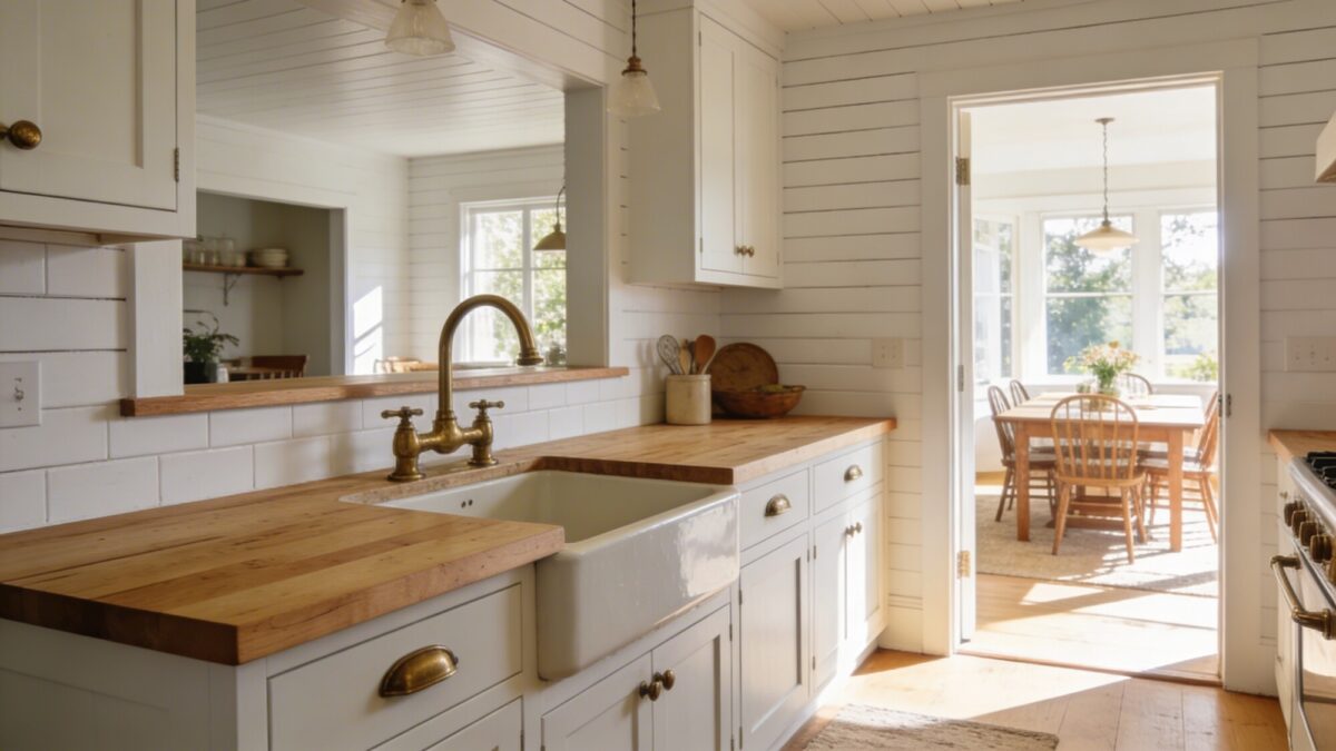 A compact farmhouse kitchen with a warm, open-plan feel: white shiplap walls, a light wood butcher-block island peninsula, classic apron-front sink, vintage brass hardware, and a wide doorway opening to a sunny dining area with natural light streaming in.