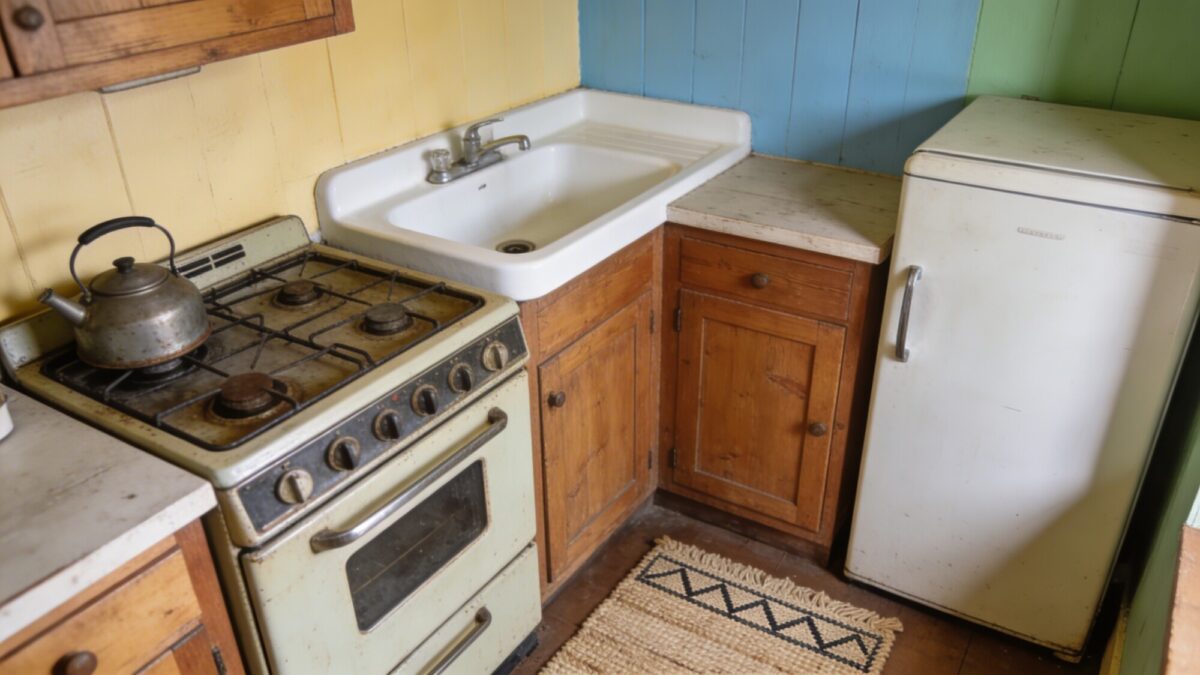 A tiny farmhouse kitchen corner showcasing a defined work triangle: stove, sink, and refrigerator arranged in a tight but efficient layout, with labeled zones subtly indicated by color-washed walls and a small rug underfoot.