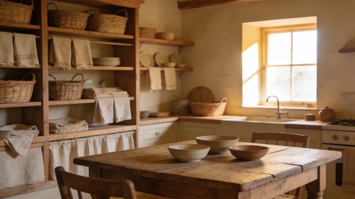 A cozy farmhouse kitchen featuring a single light-filled window wall, open shelves, natural textures (woven baskets, linen dish towels), and a rustic wooden table that serves as both prep space and dining area.