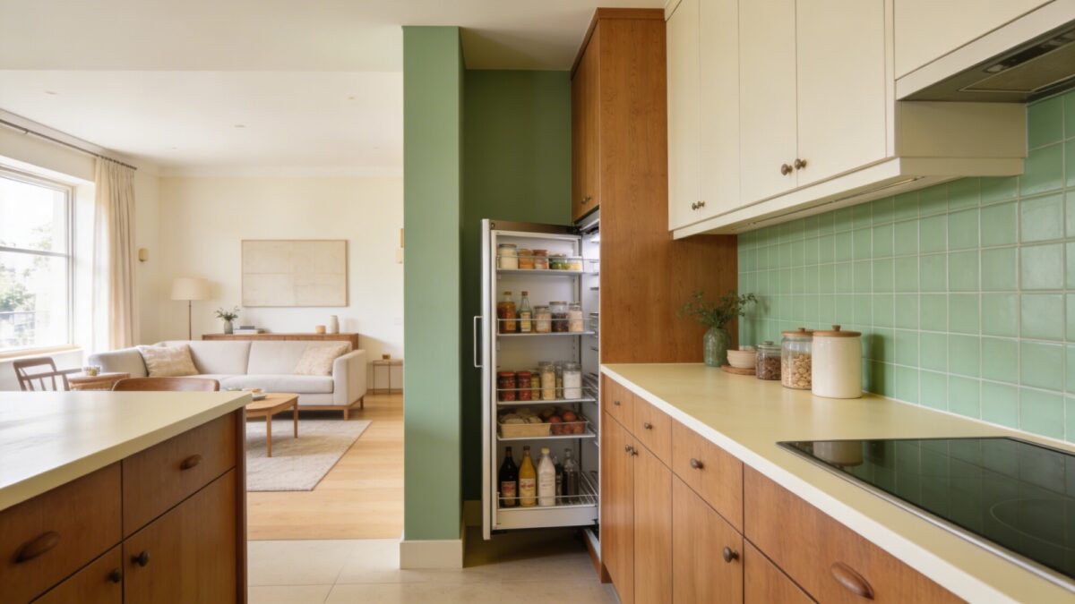 An airy galley-style kitchen with a half-wall divider creating an open flow to the living space, a slim pantry pull-out, and a warm color palette of creams, soft greens, and wood tones.