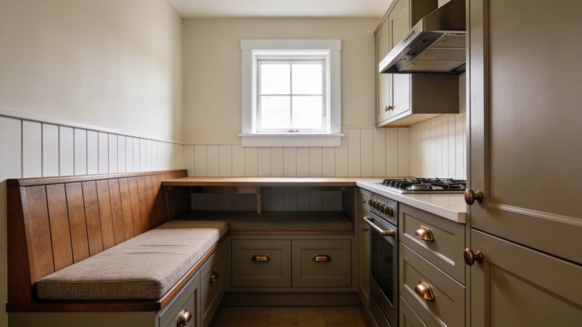 A compact kitchen hugging a dining nook: integrated seating along a bench with storage, a compact range hood, beadboard cabinetry, and a small window above a practical, open countertop workspace.