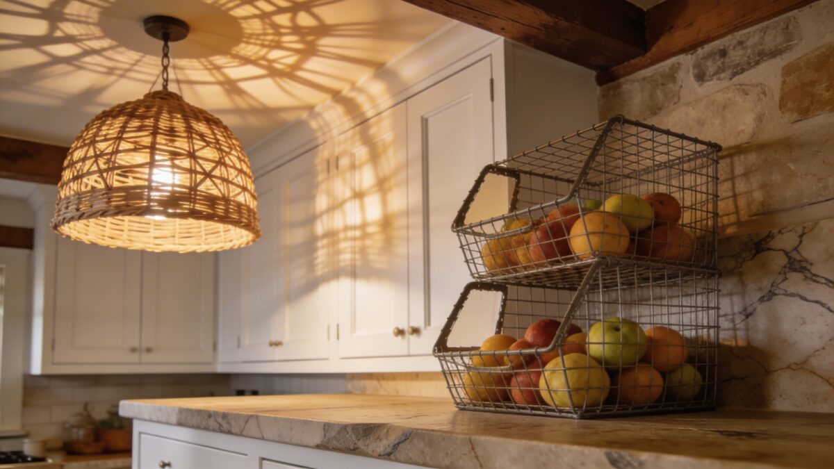 A close-up of tactile textures in a small farmhouse kitchen: soapstone countertops, white Shaker cabinets, wire basket fruit storage, and a woven rattan pendant light casting warm shadows.