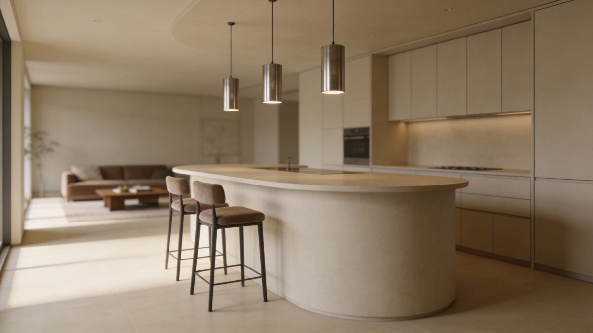 A peninsula layout shot: a curved or straight peninsula that visually separates kitchen from living area, with bar seating, pendant lights, and a clear path for open flow without clutter.