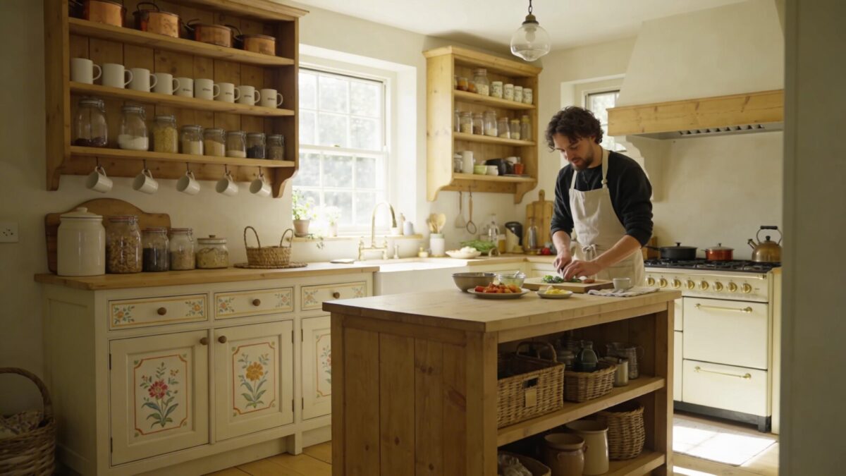 A cozy, clutter-free farmhouse kitchen in use: a cook preparing a simple meal, open shelving with practical display of jars and mugs, a window splash of sunlight, and a cheerful, lived-in charm.