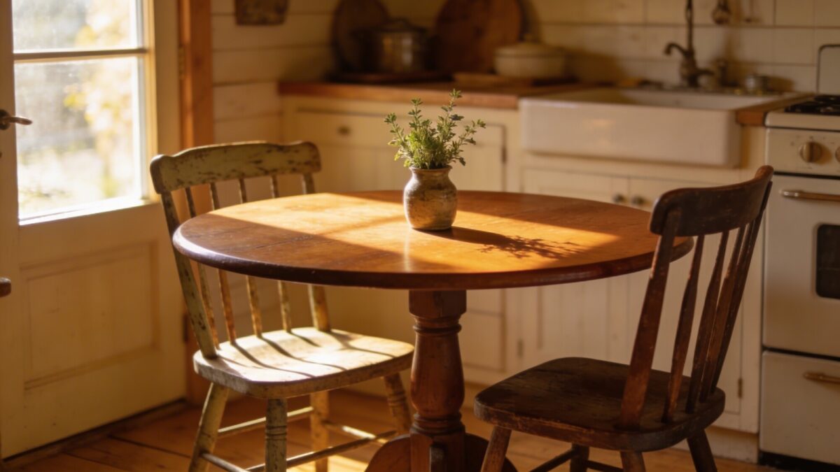 A sunlit tiny farmhouse kitchen featuring a compact round 36–40 inch table with a warm wood finish, two mismatched wooden chairs, a small vase of herbs, and gentle natural light pooling from a nearby window.
