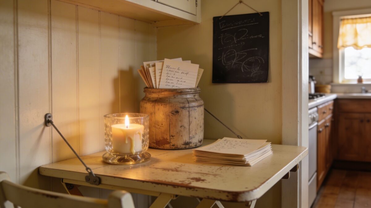 Close-up of a small farmhouse dining nook in a narrow kitchen, showing a drop-leaf table with a candle, a jar of recipe cards, and a chalkboard note on the wall, emphasizing cozy organization.