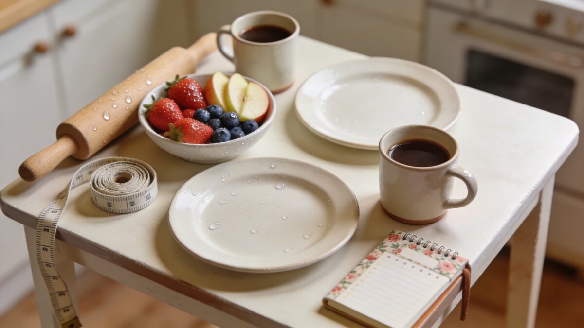 A top-down view of a tiny kitchen table setup: two plates, coffee mugs, a bowl of fresh fruit, and a rolling pin, with a measuring tape and a planner to convey practical, space-smart living.
