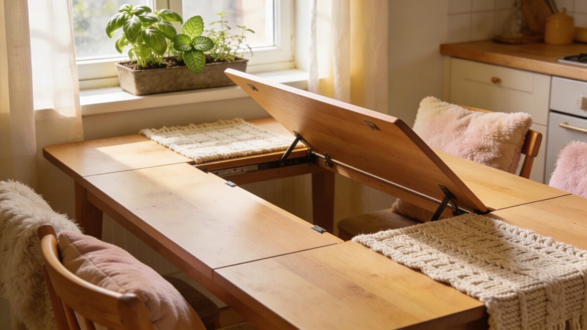 A cozy corner of a kitchen with a extendable/leafed table, half-open to reveal extra seating space, surrounded by soft textiles, warm lighting, and a small herb garden on the windowsill.