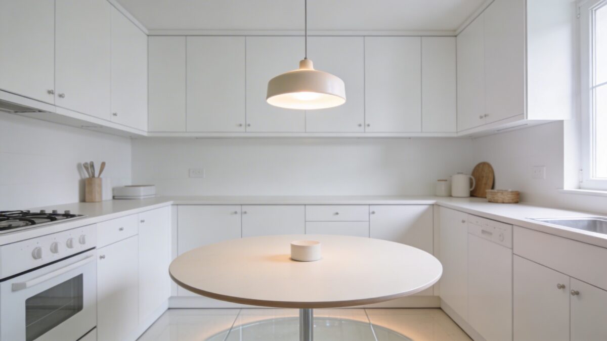 Scene of a round table centered in a compact kitchen, clear 36 inches of floor around it, a compact pendant light overhead, and a backdrop of white cabinetry that makes the space feel larger.