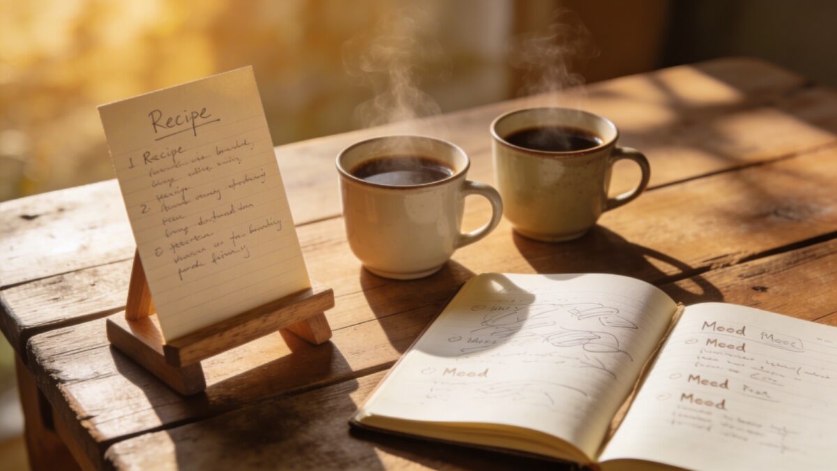 An inviting morning shot: coffee cups steaming on a small farmhouse table, a handwritten recipe card propped on a stand, and a journal with meal ideas, all in warm, diffused sunlight.
