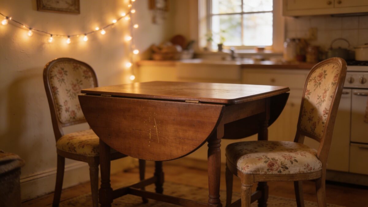 A charming, lived-in half-kitchen/dining area with a vintage-style table, two chairs, a drop-leaf option extended for a small gathering, and soft glow from string lights along the wall.