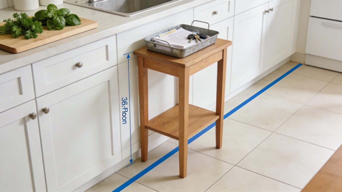 A tidy, organized kitchen scene focusing on practicality: a small table with a tray for mail and keys, a cutting board with fresh herbs, and a clear 36-inch clearance zone shown by floor tape or marker to illustrate space planning.